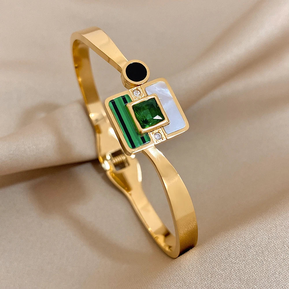 Luxury Stainless Steel Cuff Bracelet Couple Bracelets Green White Rhinestone