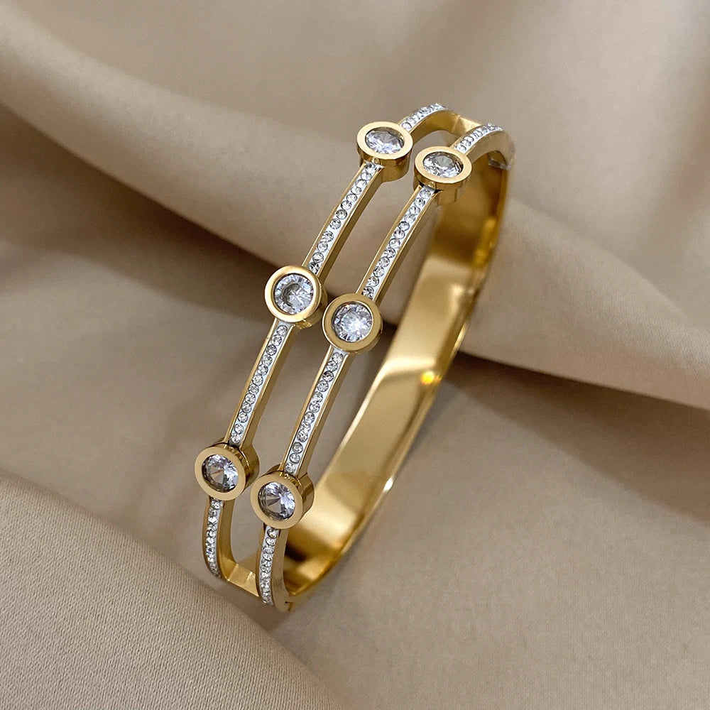 Luxury Stainless Steel Cuff Bracelet Couple Bracelets Green White Rhinestone
