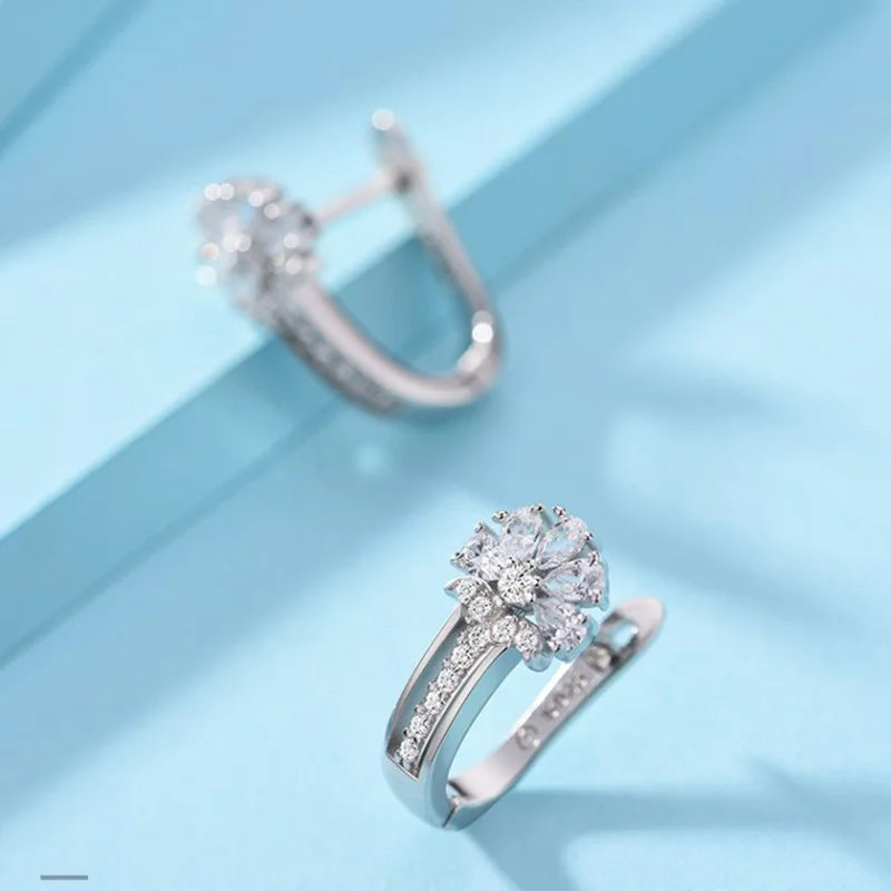 Fine Jewelry 925 Sterling Silver Earrings Inlaid With Zircon Crystal Flower