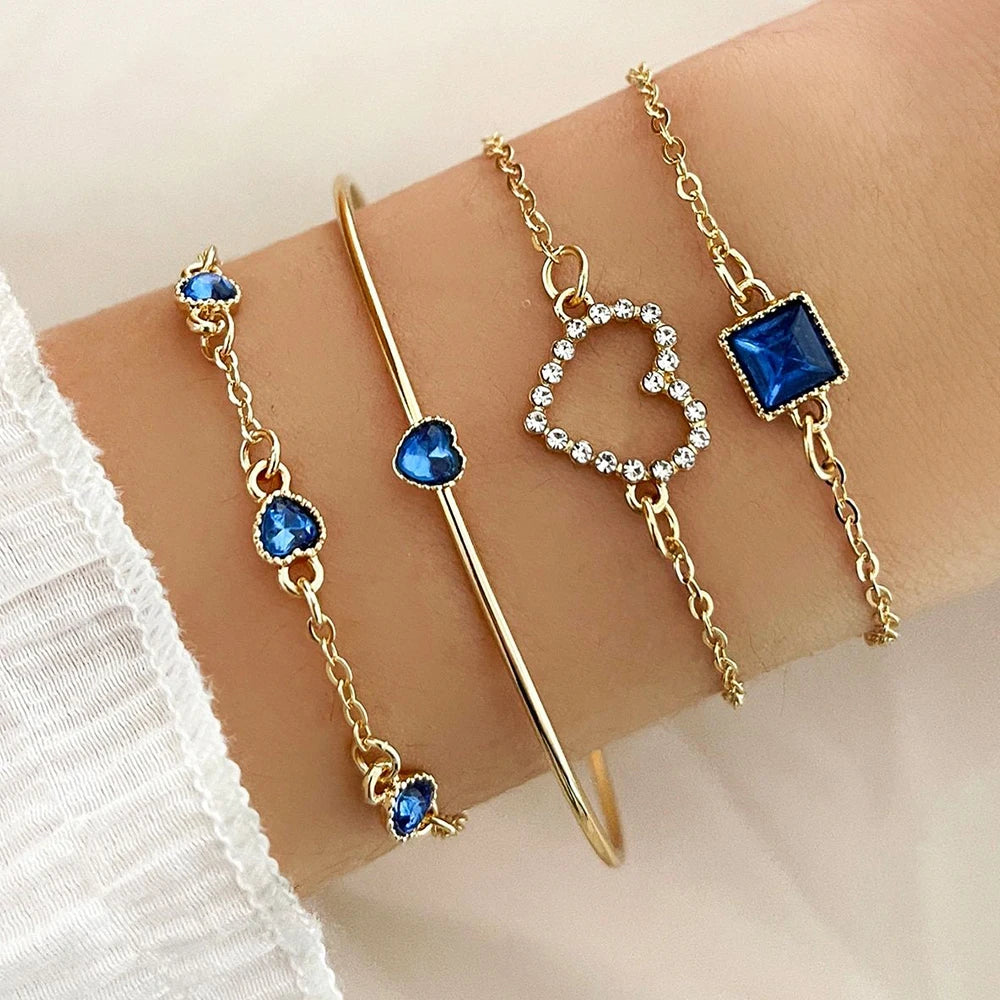 4PCS/Set Fashionable Snake Imitation Gemstone Bangle Rhinestone Bracelet Set