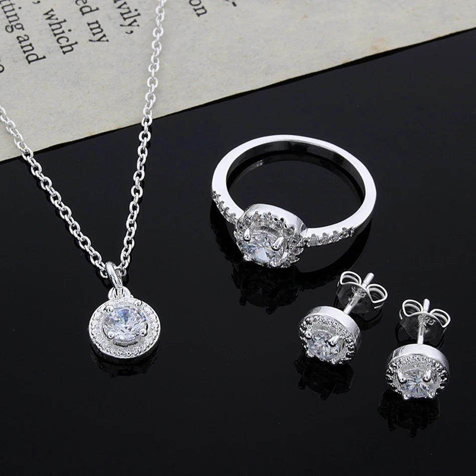 silver crystal CZ necklace earring ring jewelry Set