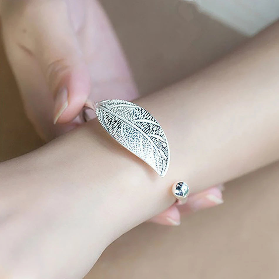 Silver Open Leaf Shaped Cuff Bracelet