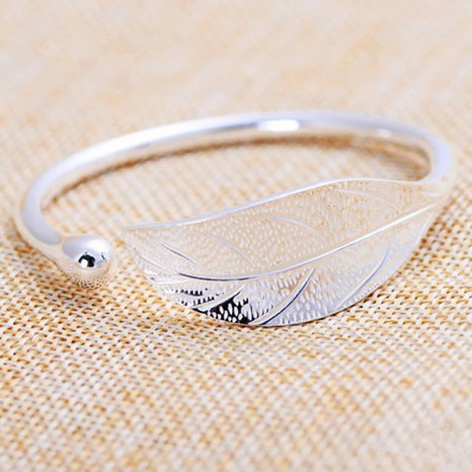 Silver Open Leaf Shaped Cuff Bracelet