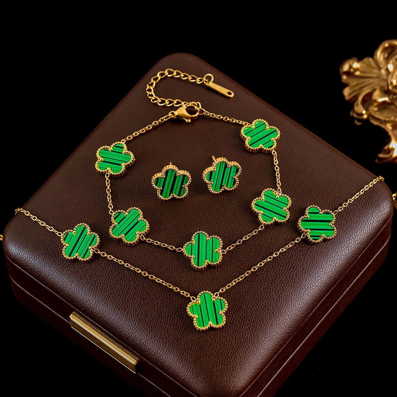 Five Leaf Clover Flower Necklace Bracelet Earrings Set