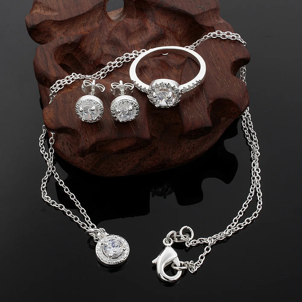 silver crystal CZ necklace earring ring jewelry Set