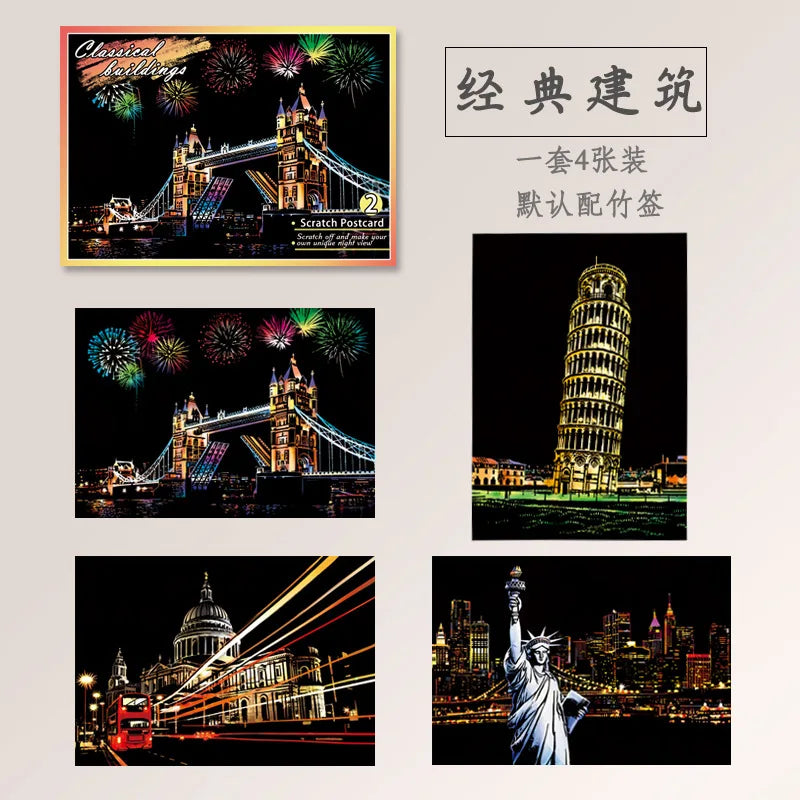 Postcard night scene scratch painting