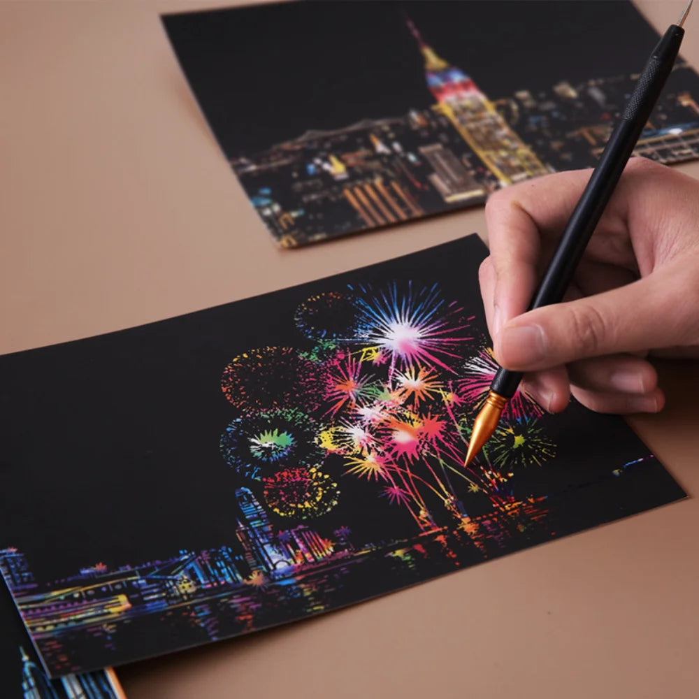 Postcard night scene scratch painting