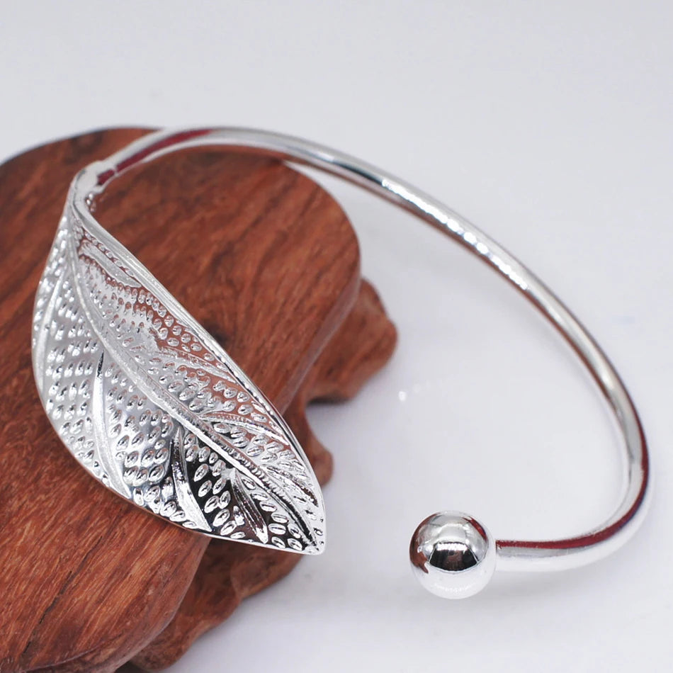 Silver Open Leaf Shaped Cuff Bracelet