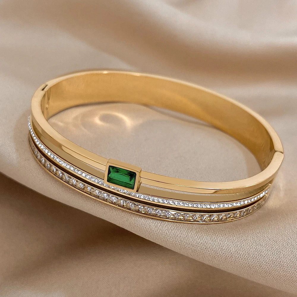 Luxury Stainless Steel Cuff Bracelet  Couple Bracelets Green White Rhinestone