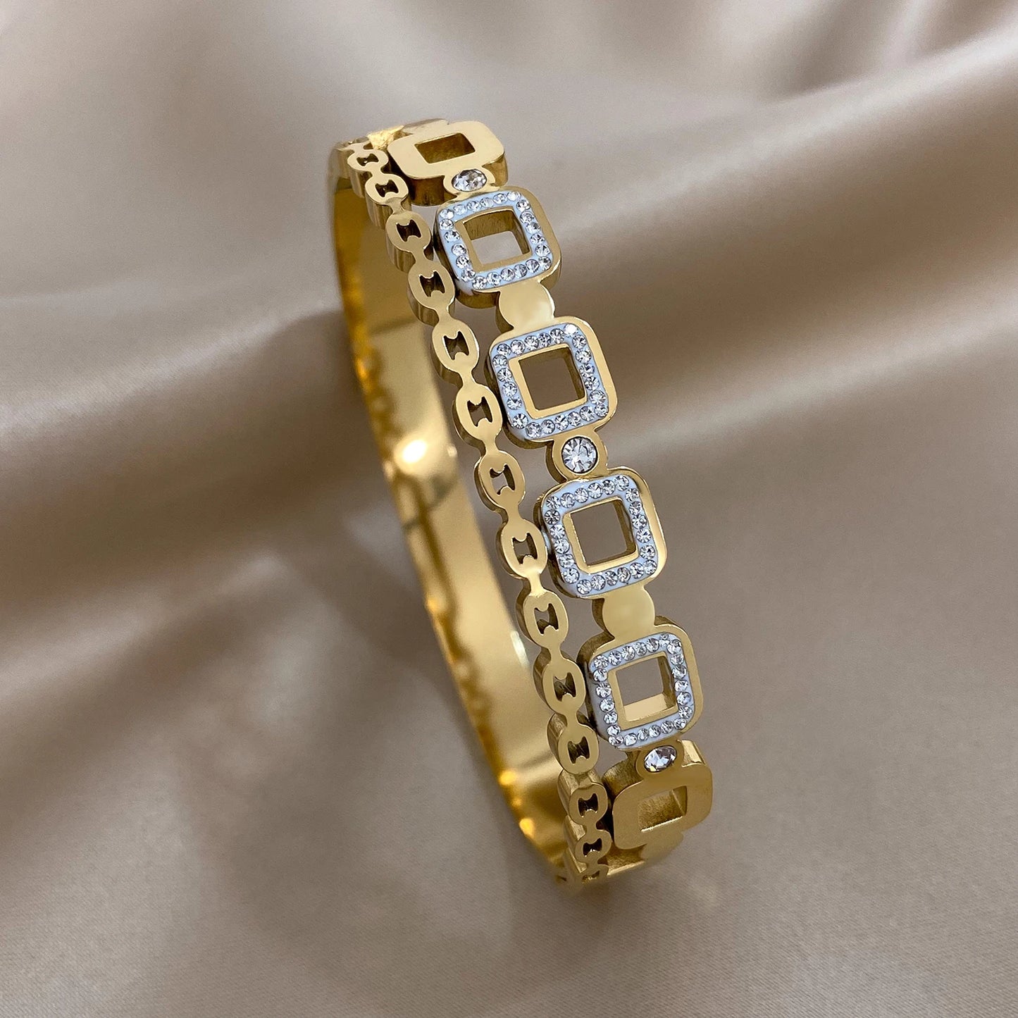 Luxury Stainless Steel Cuff Bracelet  Couple Bracelets Green White Rhinestone