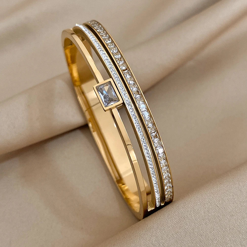 Luxury Stainless Steel Cuff Bracelet  Couple Bracelets Green White Rhinestone