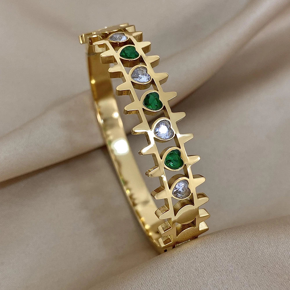 Luxury Stainless Steel Cuff Bracelet  Couple Bracelets Green White Rhinestone