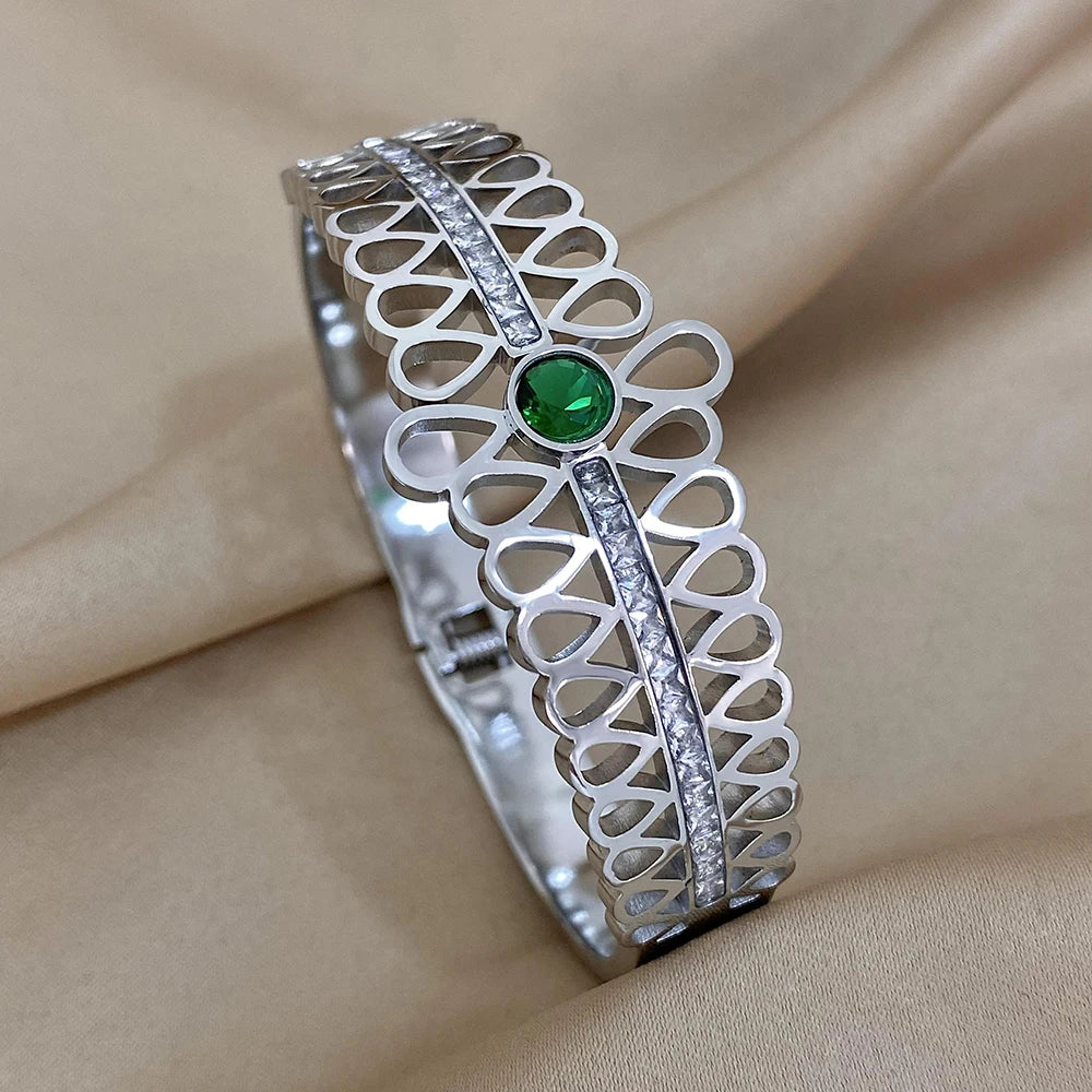 Luxury Stainless Steel Cuff Bracelet  Couple Bracelets Green White Rhinestone