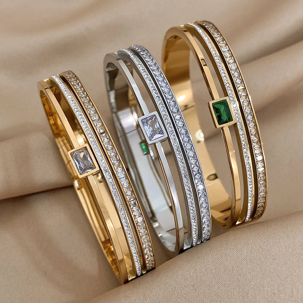 Luxury Stainless Steel Cuff Bracelet  Couple Bracelets Green White Rhinestone