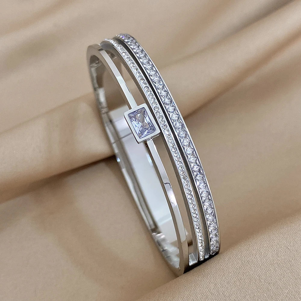 Luxury Stainless Steel Cuff Bracelet  Couple Bracelets Green White Rhinestone