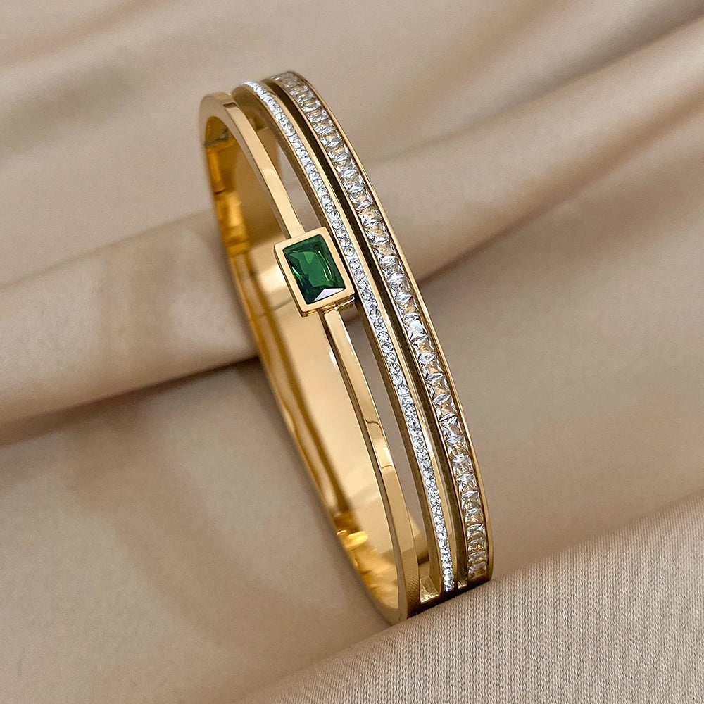 Luxury Stainless Steel Cuff Bracelet  Couple Bracelets Green White Rhinestone