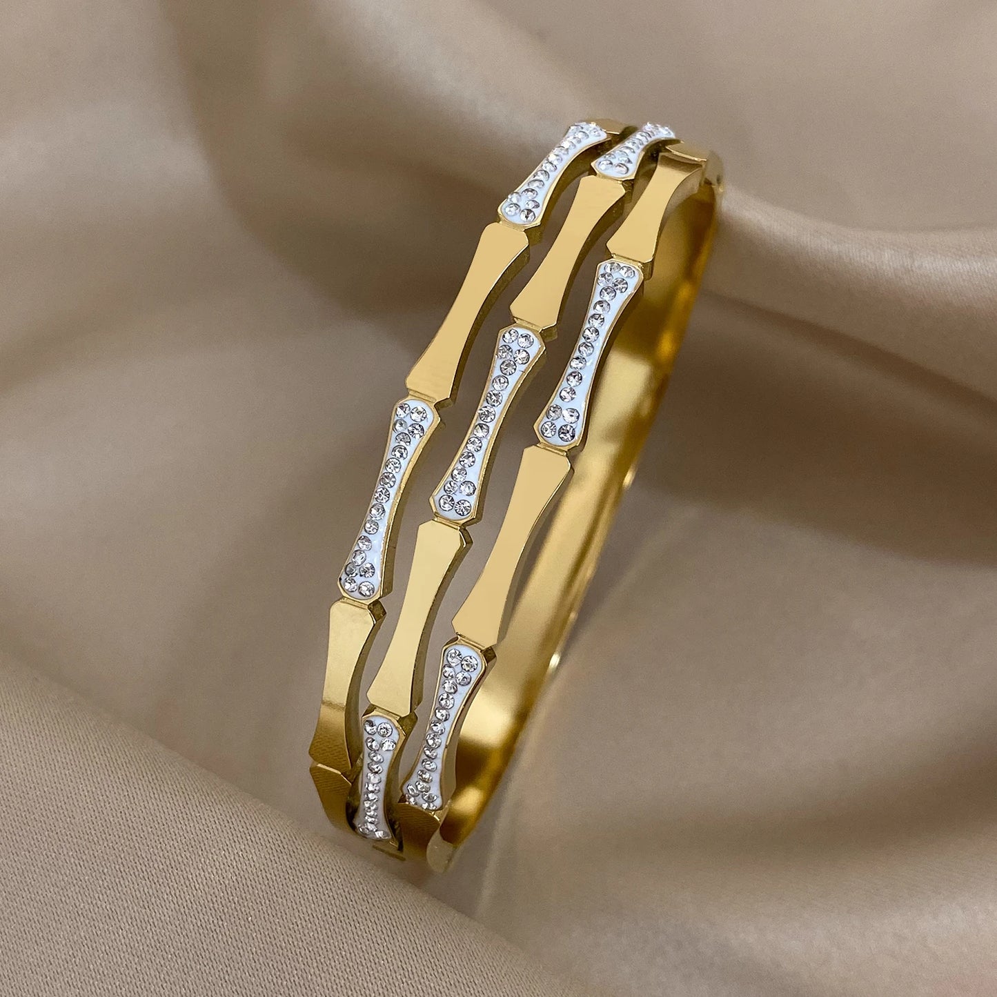 Luxury Stainless Steel Cuff Bracelet  Couple Bracelets Green White Rhinestone