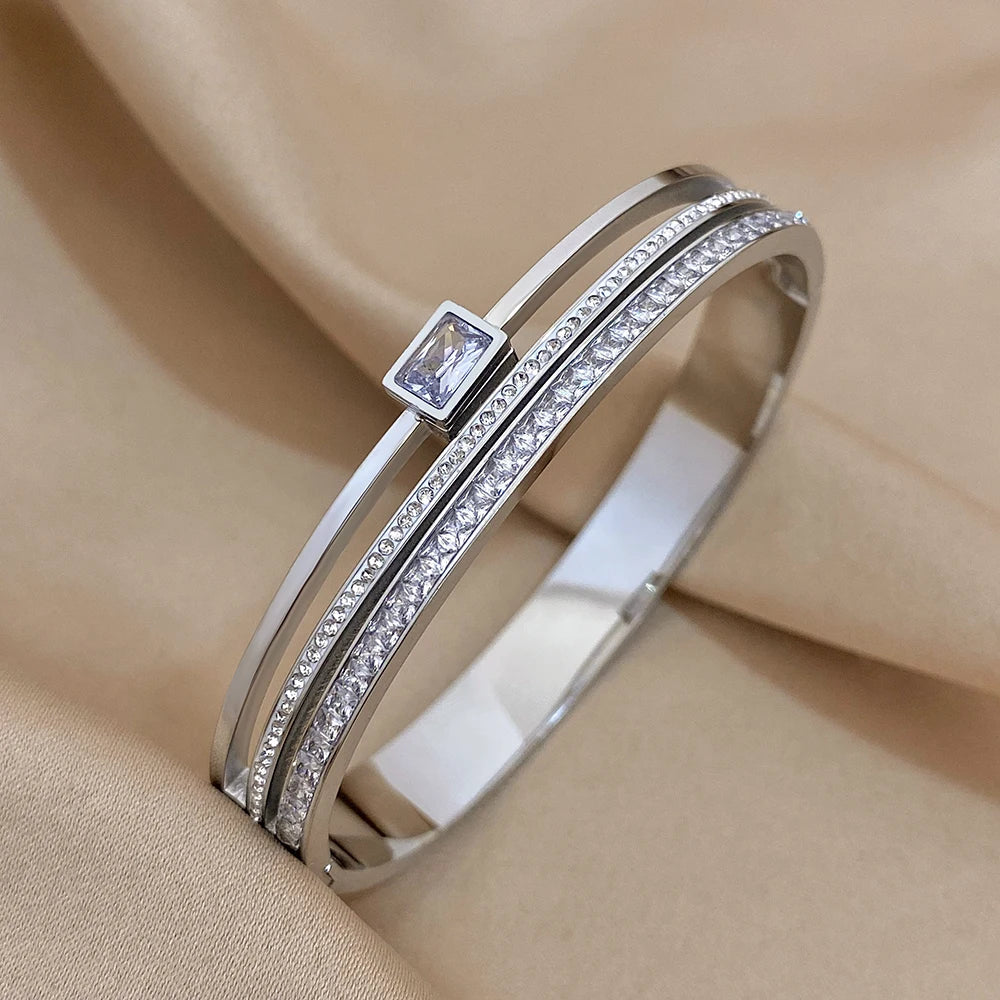 Luxury Stainless Steel Cuff Bracelet  Couple Bracelets Green White Rhinestone