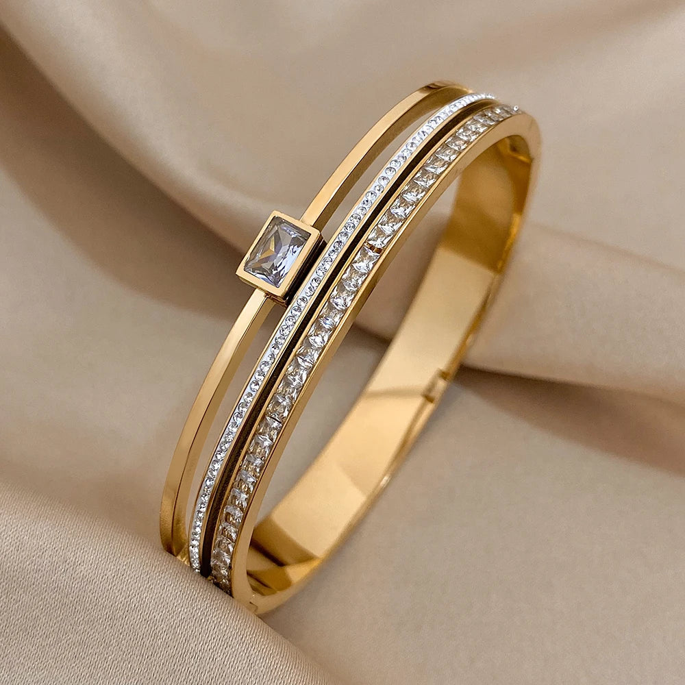 Luxury Stainless Steel Cuff Bracelet  Couple Bracelets Green White Rhinestone