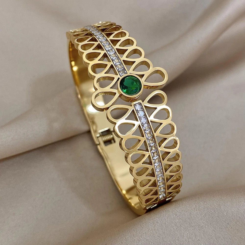 Luxury Stainless Steel Cuff Bracelet  Couple Bracelets Green White Rhinestone