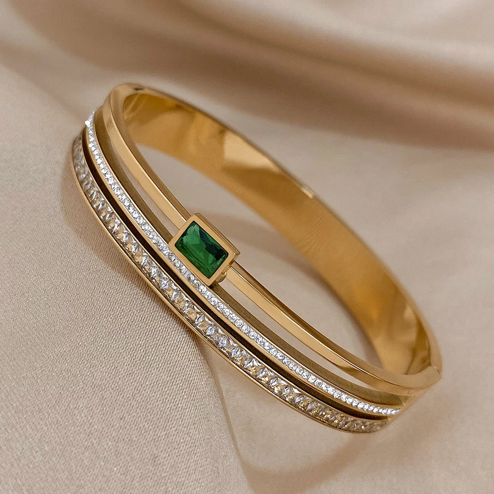 Luxury Stainless Steel Cuff Bracelet  Couple Bracelets Green White Rhinestone