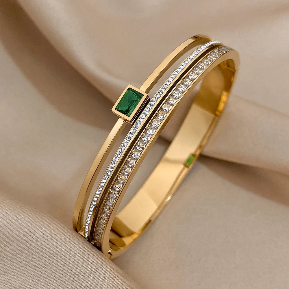 Luxury Stainless Steel Cuff Bracelet  Couple Bracelets Green White Rhinestone