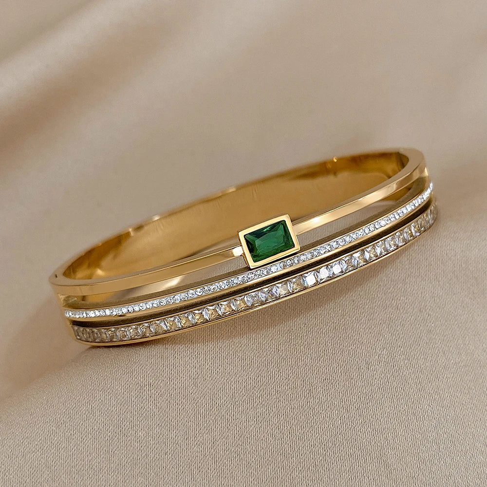 Luxury Stainless Steel Cuff Bracelet  Couple Bracelets Green White Rhinestone