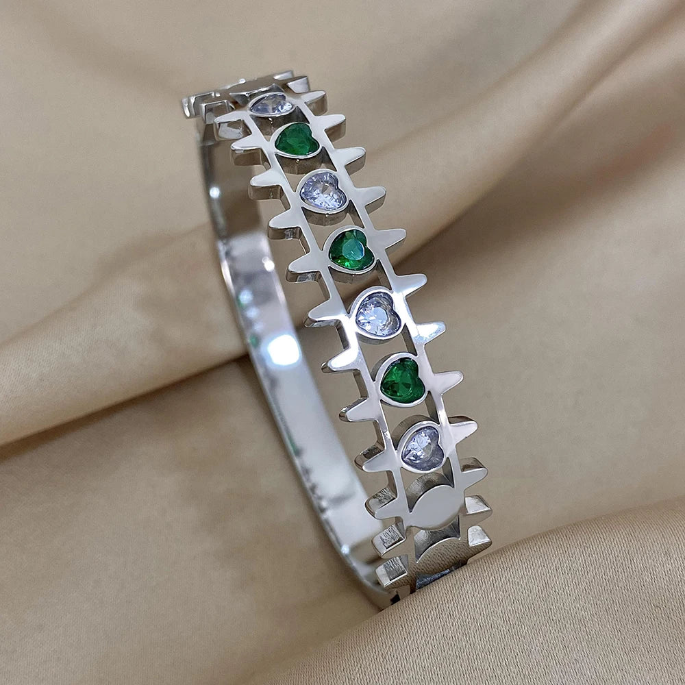 Luxury Stainless Steel Cuff Bracelet  Couple Bracelets Green White Rhinestone