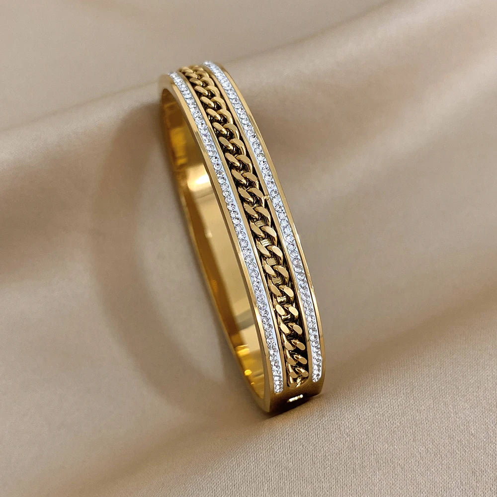 Luxury Stainless Steel Cuff Bracelet  Couple Bracelets Green White Rhinestone