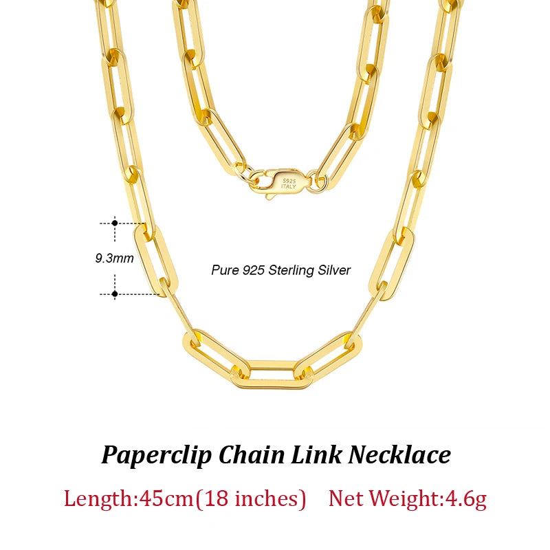 14K Gold Plated Genuine 925 Sterling Silver Paperclip Neck Chain
