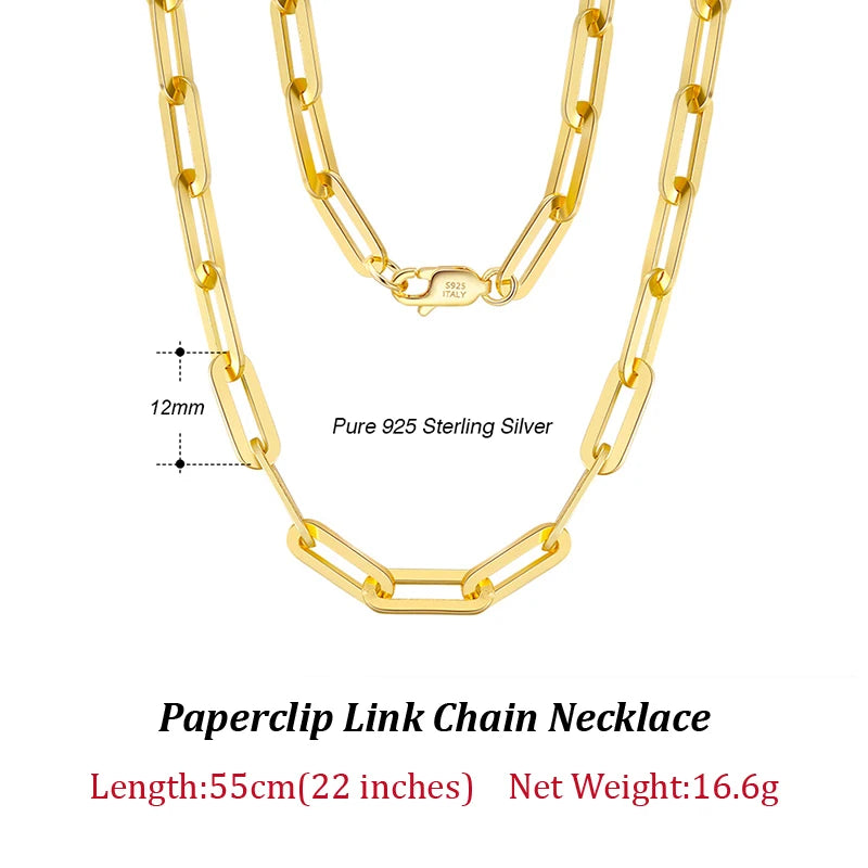 14K Gold Plated Genuine 925 Sterling Silver Paperclip Neck Chain