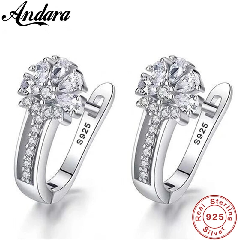 Fine Jewelry 925 Sterling Silver Earrings Inlaid With Zircon Crystal Flower