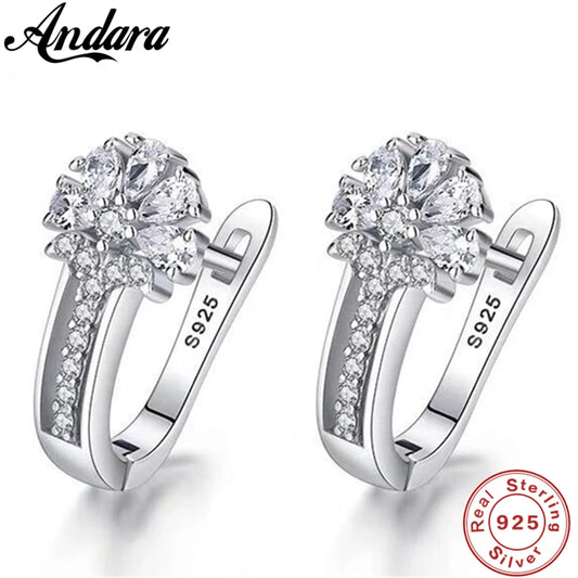 Fine Jewelry 925 Sterling Silver Earrings Inlaid With Zircon Crystal Flower