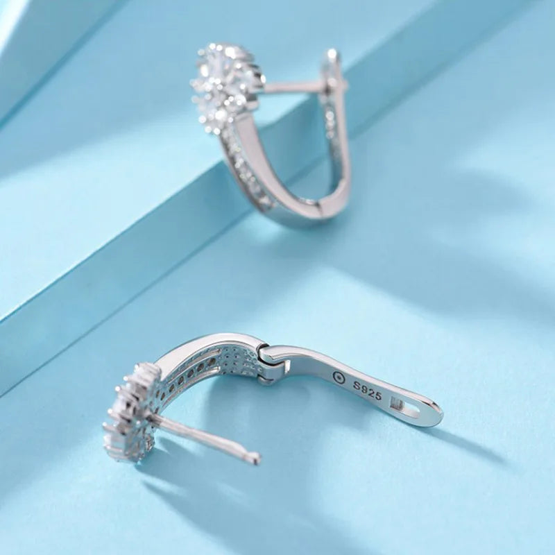 Fine Jewelry 925 Sterling Silver Earrings Inlaid With Zircon Crystal Flower