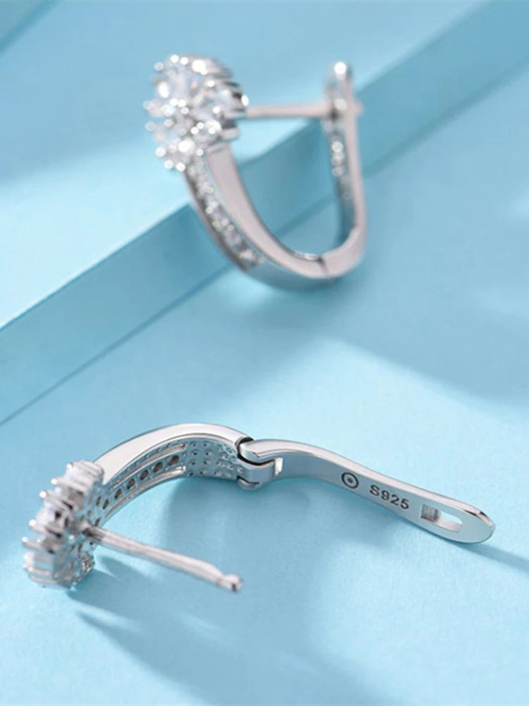 Fine Jewelry 925 Sterling Silver Earrings Inlaid With Zircon Crystal Flower