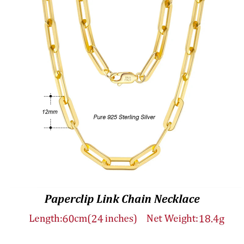 14K Gold Plated Genuine 925 Sterling Silver Paperclip Neck Chain