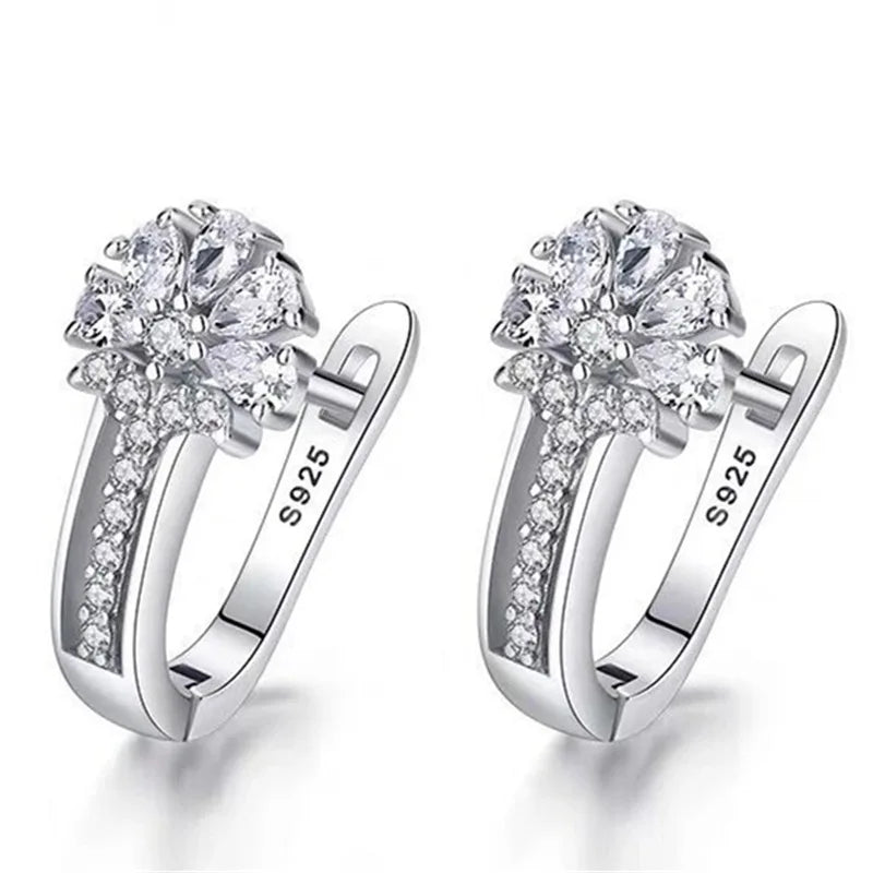 Fine Jewelry 925 Sterling Silver Earrings Inlaid With Zircon Crystal Flower