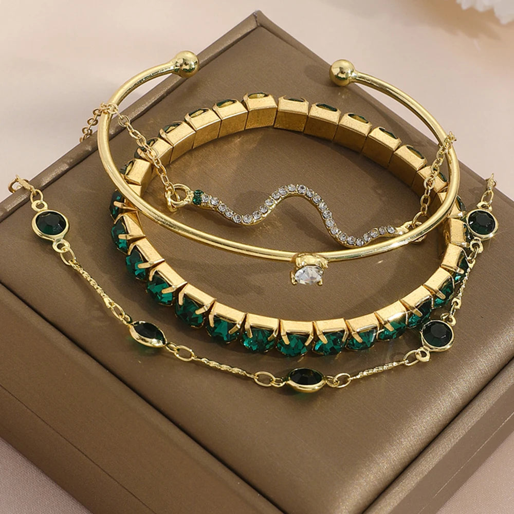 4PCS/Set Fashionable Snake Imitation Gemstone Bangle Rhinestone  Bracelet Set
