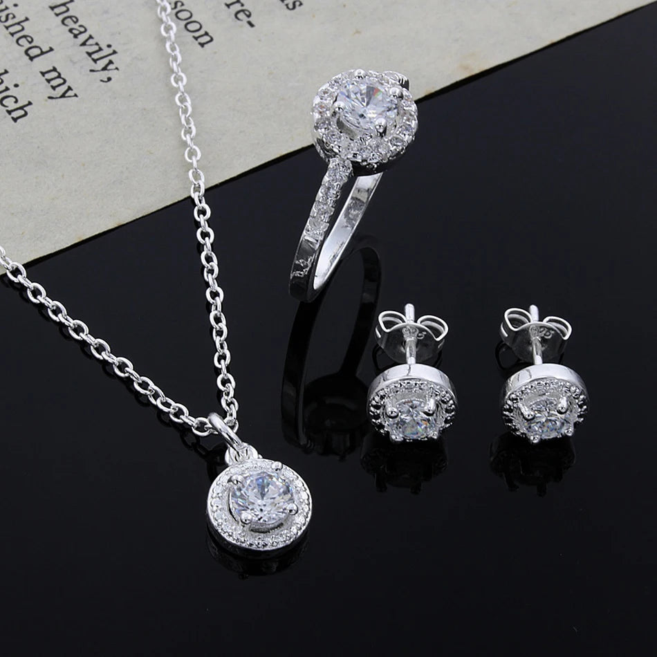 silver crystal CZ necklace earring ring jewelry Set