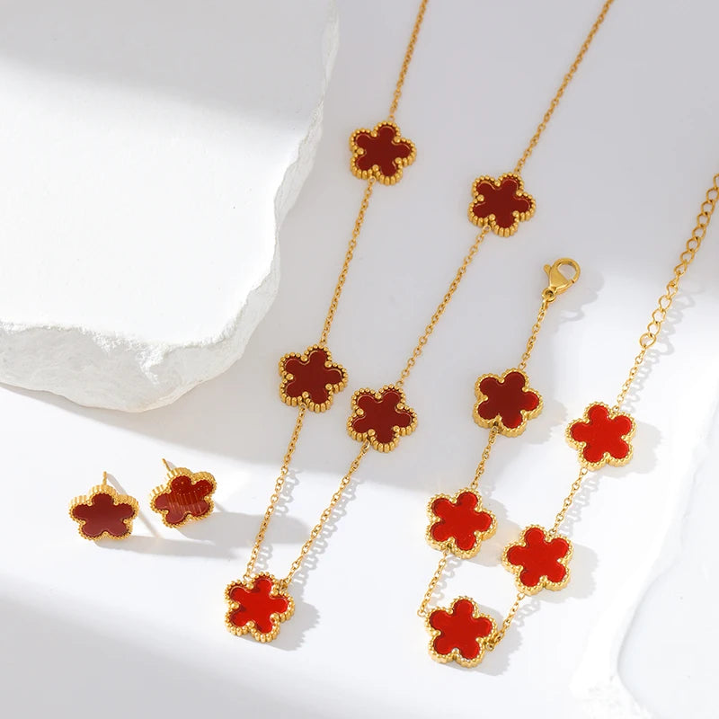 Five Leaf Clover Flower Necklace Bracelet Earrings Set