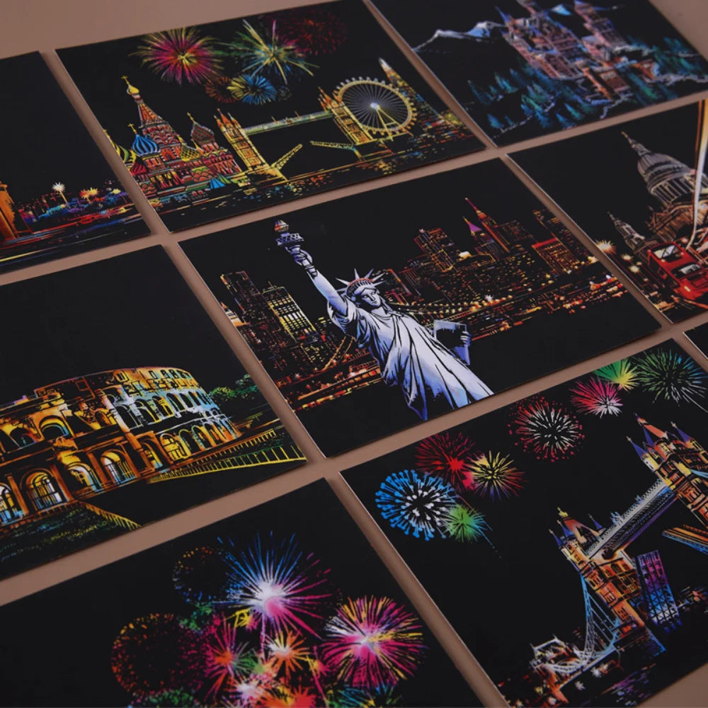 Postcard night scene scratch painting