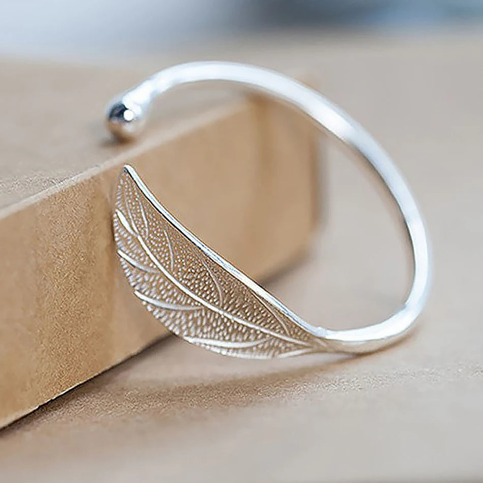 Silver Open Leaf Shaped Cuff Bracelet