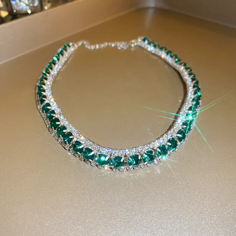 Luxury Necklace Earrings Sets Green Crystal