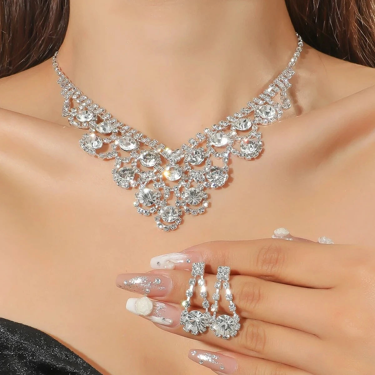3pcs  Jewelry Set Rhinestone Earrings Necklace