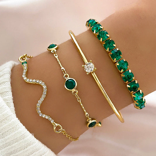 4PCS/Set Fashionable Snake Imitation Gemstone Bangle Rhinestone  Bracelet Set