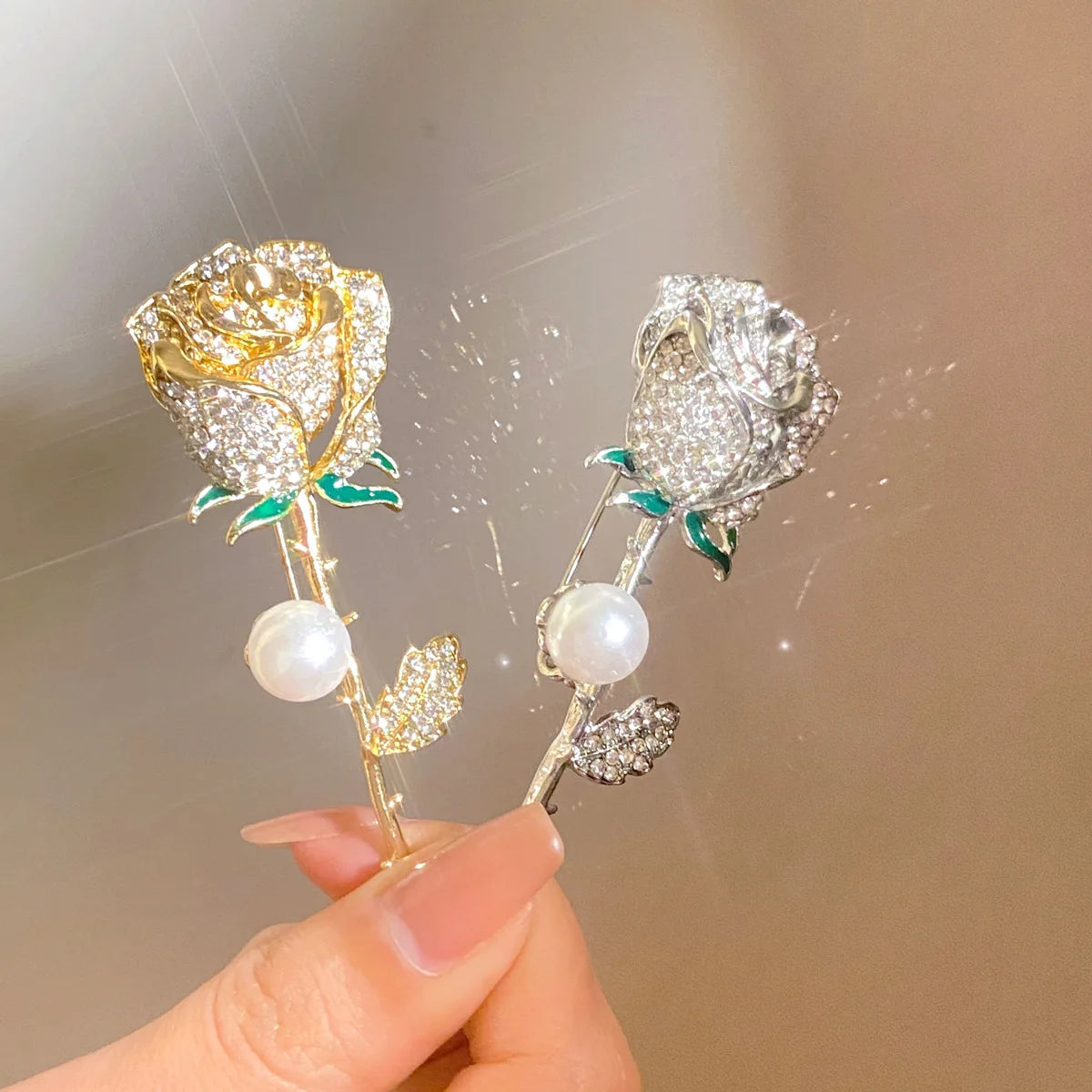 Elegant Gold Color Rose Flower Brooches