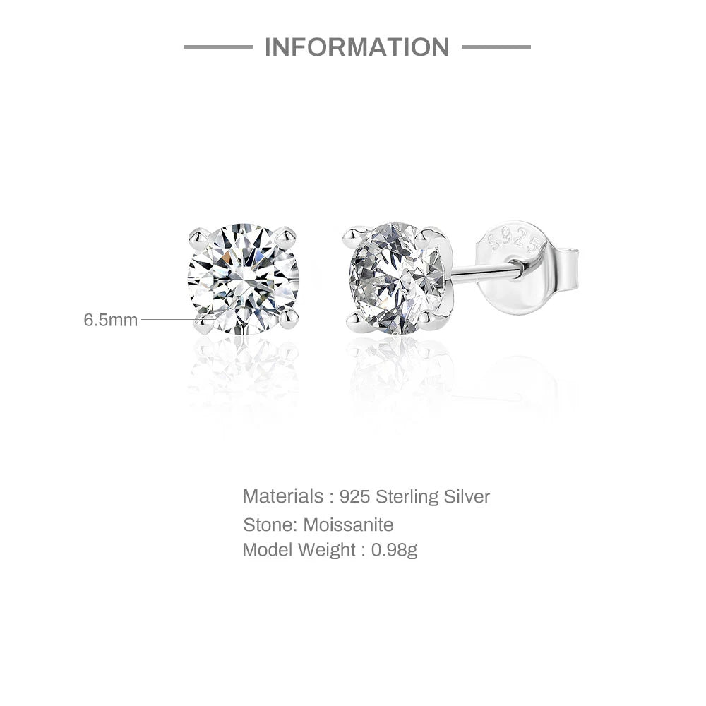0.5-1.2 Carat D Color Moissanite Ear Stud Earrings 925 Sterling Silver