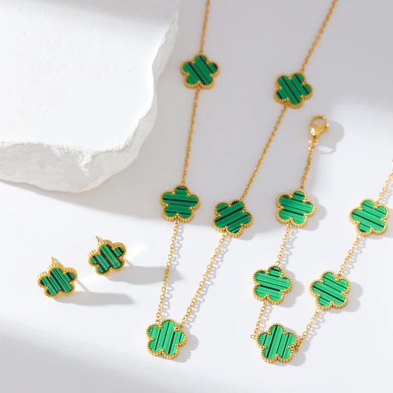 Five Leaf Clover Flower Necklace Bracelet Earrings Set