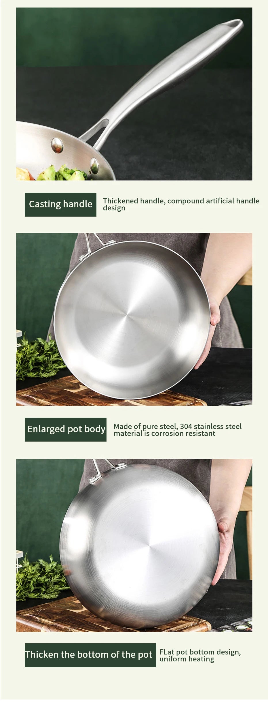 304 Stainless Steel Frying Pan, Non Stick