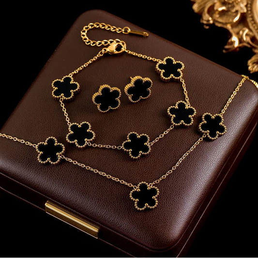 Five Leaf Clover Flower Necklace Bracelet Earrings Set